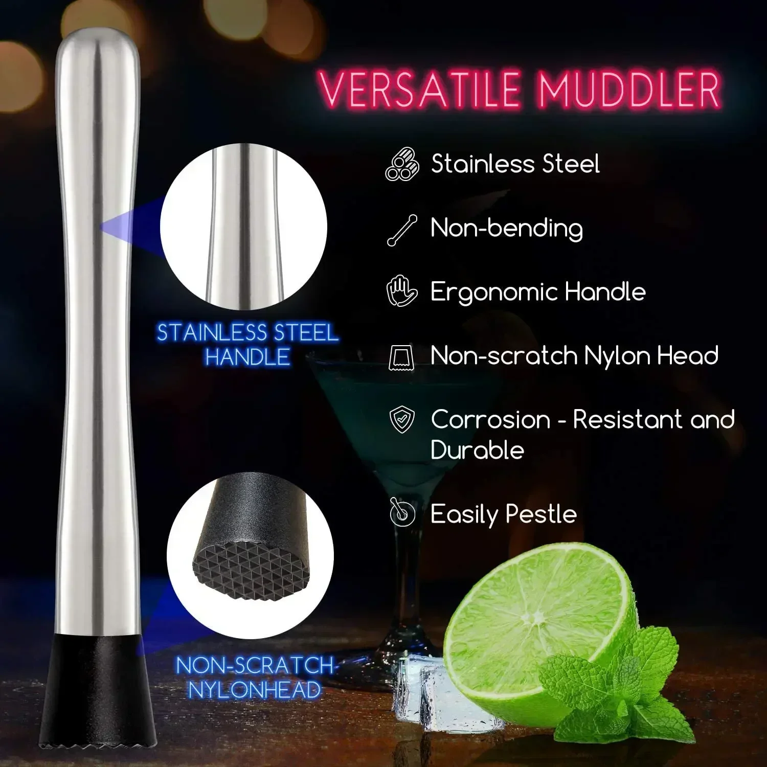 مجموعة أدوات كوكتيل من الفولاذ - مراجعة Muddler Cocktail Bar وسعره